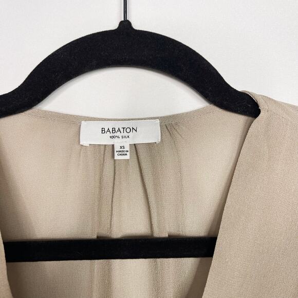 Aritzia Babaton XSmall Taupe Brown Silk Sheer Alexander Surplice Peplum Blouse - Picture 7 of 9